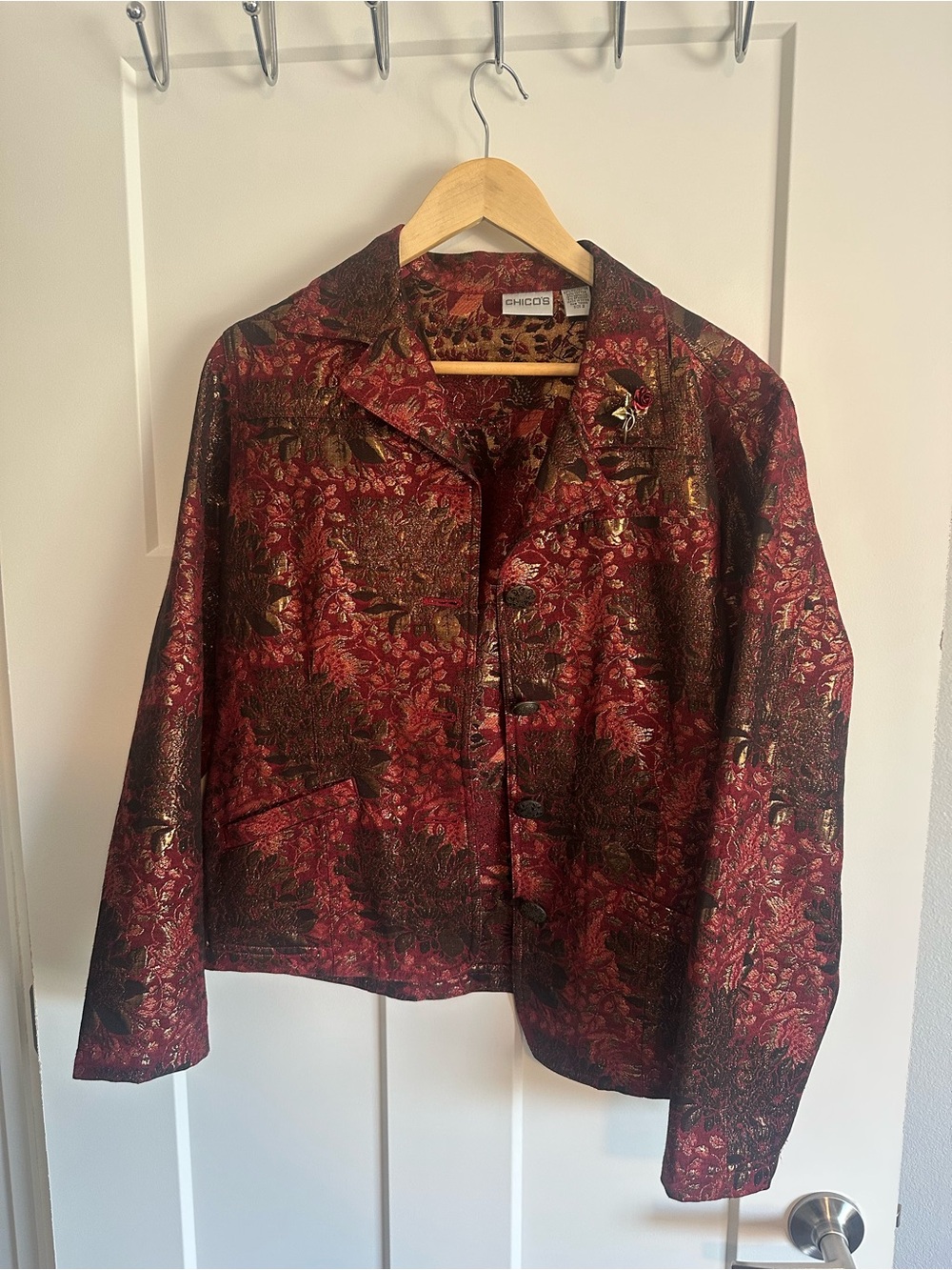 Chico's Red and Gold Brocade Jacket with Rose Brooch